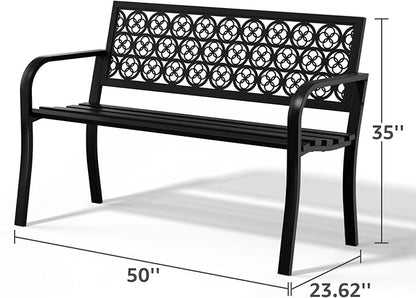 Outdoor Bench Garden Bench Patio Bench,Weatherproof Anti-Rust Metal Powder Coated Frame Park Bench,Metal Bench for Yard & Porch & Park (Wreath)