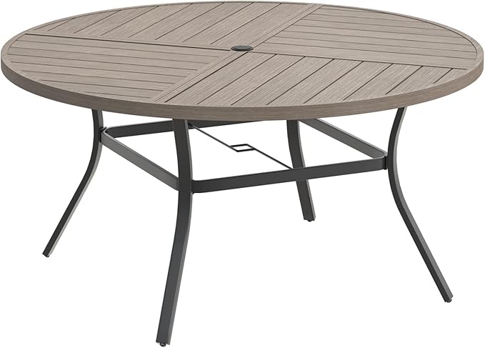 DIFY 50" Round Outdoor Patio Dining Table for 6, Metal Patio Table with 1.57" Adjustable Umbrella Hole, All-Weather Outdoor Furniture Table for Garden Backyard Deck, Grey Wood-Like
