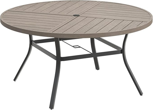 DIFY 50" Round Outdoor Patio Dining Table for 6, Metal Patio Table with 1.57" Adjustable Umbrella Hole, All-Weather Outdoor Furniture Table for Garden Backyard Deck, Grey Wood-Like
