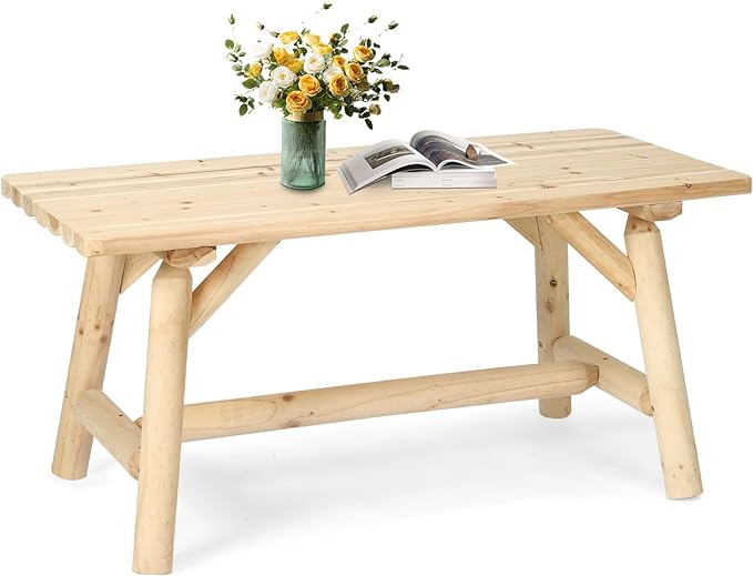 Outdoor Coffee Table, Thick Wooden Patio Adirondack Log Coffee Table with Slatted Tabletop, Solid Wood Rustic Rectangle Center Table for Deck, Garden, Balcony, Indoor or Outdoor Use, Natural