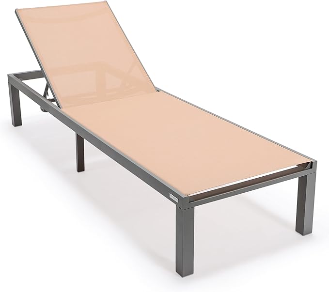 LeisureMod Marlin Aluminum Outdoor Chaise Lounge Chair (Set of 2) - Mesh Sling Fabric Seat Grey Aluminum Frame Beach, Pool Lounge Chair for Modern Patio Lawn, Garden and Backyard (Light Brown)