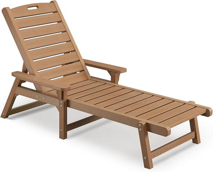 Psilvam Adjustable Chaise Lounge Chair - 350lb Capacity All-Weather Poly Lumber Recliner for Poolside, Patio, Porch - Light Brown