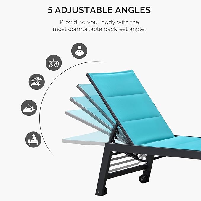 PURPLE LEAF Outdoor Lounge Chairs Aluminum Chaise Lounge Set of 2 Patio Chaise Lounge Chairs with Wheels and Side Table for Poolside Backyard Outside Turquoise Blue