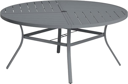 VICLLAX Round Patio Table with Adjustable Umbrella Hole for 8, All Weather Metal Outdoor Dining Table for Lawn Garden, 59.8" Outdoor Coffee Table, Grey Tabletop