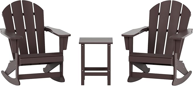 WO WESTIN OUTDOOR HDPE Laguna Outdoor Rocking Poly Adirondack Chair with Side Table 3-Piece Set, Dark Brown