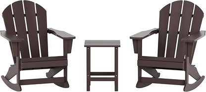 WO WESTIN OUTDOOR HDPE Laguna Outdoor Rocking Poly Adirondack Chair with Side Table 3-Piece Set, Dark Brown