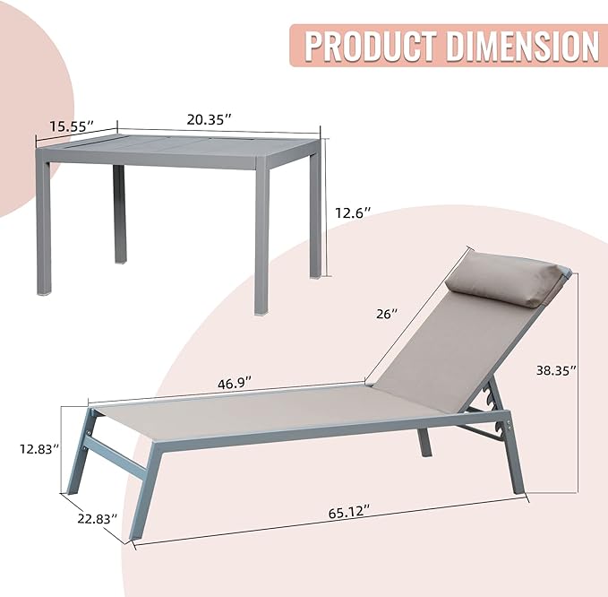 Domi Patio Chaise Lounge Set of 3, Aluminum Lounge Chairs with 5 Adjustable Positions, Outdoor Chaise Lounge for Pool - Photo 2