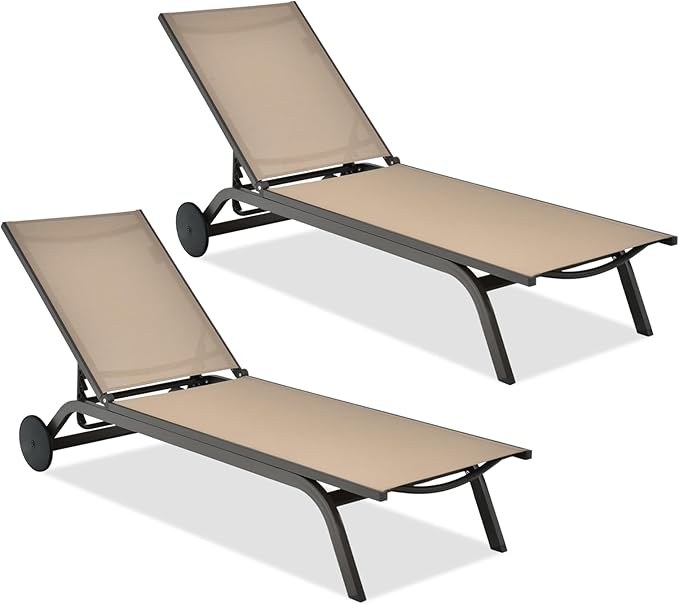COSTWAY 2 PCS Outdoor Patio Chaise Lounge, 6-Position Adjustable Pool Lounger with Stable Aluminum Frame, Portable Sun Bathing Lounge Chair on Wheels for Backyard Garden, Brown