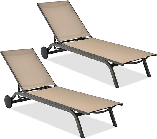 COSTWAY 2 PCS Outdoor Patio Chaise Lounge, 6-Position Adjustable Pool Lounger with Stable Aluminum Frame, Portable Sun Bathing Lounge Chair on Wheels for Backyard Garden, Brown