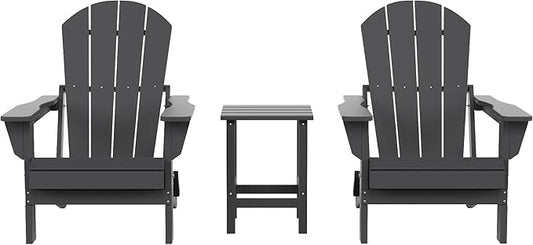 Costaelm 3 piece Patio Set, Outdoor Modern Adirondack Table and Chairs, All Weather Balcony Furniture Set Lounge Firepit Chairs for Outside Deck Garden Lawn Pool, Gray