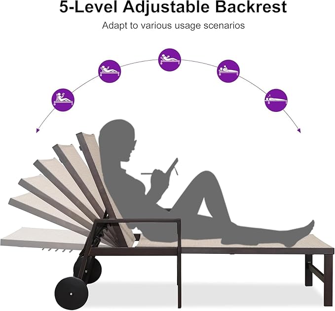 PURPLE LEAF Outdoor Chaise Lounge Chair Set of 2 with Armrests, Aluminum Patio Loungers with Wheels and Adjustable Backrest, Includes Side Table for Deck, Outside, Lawn, Garden, Beige