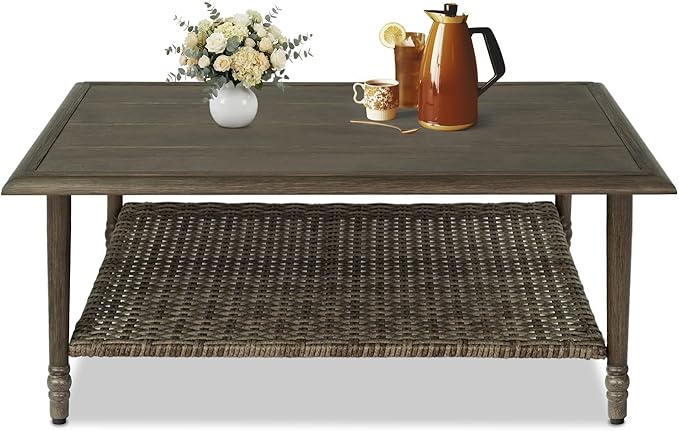 Outdoor Coffee Table, Heavy Duty Wicker Coffee Table, 2-Tier Patio Table with Storage, Patio Coffee Table for Garden Deck Balcony Poolside