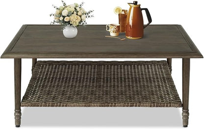 Outdoor Coffee Table, Heavy Duty Wicker Coffee Table, 2-Tier Patio Table with Storage, Patio Coffee Table for Garden Deck Balcony Poolside