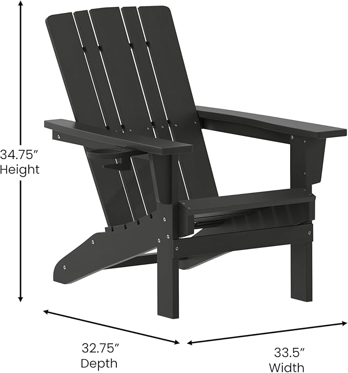 Flash Furniture Halifax Adirondack Chair with Cup Holder, Weather Resistant Poly Resin Adirondack Chair, Black