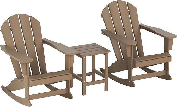 WO WESTIN OUTDOOR HDPE Laguna Outdoor Rocking Poly Adirondack Chair with Side Table 3-Piece Set, Weathered Wood