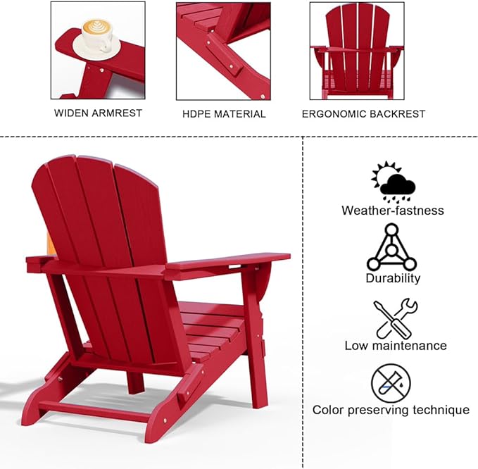 Folding Adirondack Chairs with Cup Holders, Set of 6 HDPE Plastic Outdoor Chairs, Weather Resistant, Real Wood Look - Photo 6