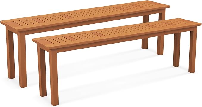 Tangkula Outdoor Wood Bench, 59” Long Patio Dining Bench Set of 2, Backless Wooden Bench with Teak Oil Finish & Slat Seat, Accent Entryway Bench, Farmhouse Bench for Yard, Garden, Porch, Indoors