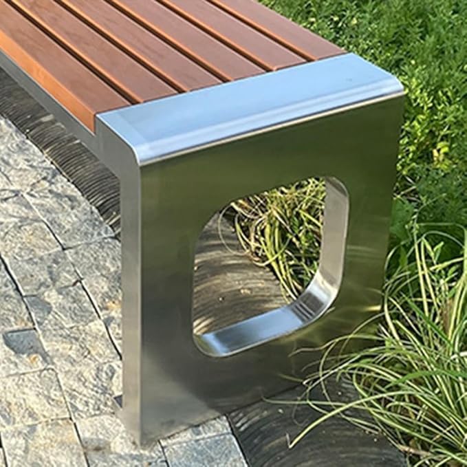 LITFAD Outdoor Indoor Bench Stainless Steel Metal Park Bench with Waterproof Brown Wood Seating Modern Garden Bench for Patio, Lawn, Yard, Porch - Type E 59" L x 16" W x 18" H