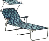 Folding Leaf Print Sun Lounger w/Adjustable Canopy, 74"x28" Steel Frame Outdoor Chaise for Garden, Pool, Beach, Balcony - Photo 1