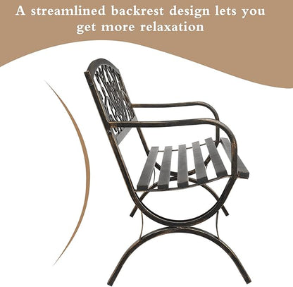 50in Outdoor Metal Porch Benches,Weatherproof Patio Park Bench,Outside Leisure Bench,Outdoor Garden Park Bench,with Butterfly Back and Armrests,for Lawn, Deck, Path, Backyard, Entryway (Bronze)