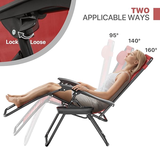 Magshion Zero Gravity Lounge Chair, Adjustable Folding Recliner with Cup Holder Side Tray & Removable Headrest Pillow, Portable Outdoor Patio Lounger for Camping, Beach, Lawn, Backyard, Maroon
