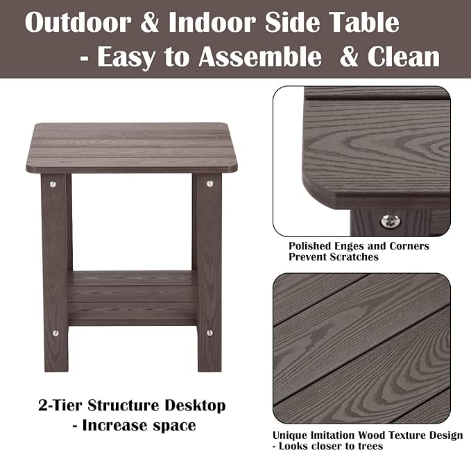 hOmeHua Weather Resistant Side Table, 17 inch Square 2-Layer Structure Wide Desktop, Imitation Wood Stripes, Easy to Assemble & Maintain, Suitable for All Indoor & Outdoor Places- Dark Brown
