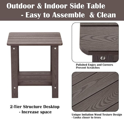 hOmeHua Weather Resistant Side Table, 17 inch Square 2-Layer Structure Wide Desktop, Imitation Wood Stripes, Easy to Assemble & Maintain, Suitable for All Indoor & Outdoor Places- Dark Brown