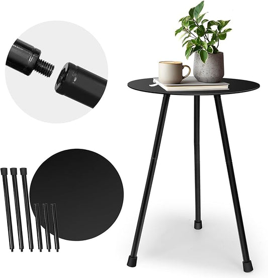 12.2" Small Round Outdoor Side Table - Adjustable Height (11.4" & 18.1") Sturdy Metal End Table, Anti-Rust Coated Iron Plant Stand, Portable Camp Table for Tent, Beach, Balcony, Black
