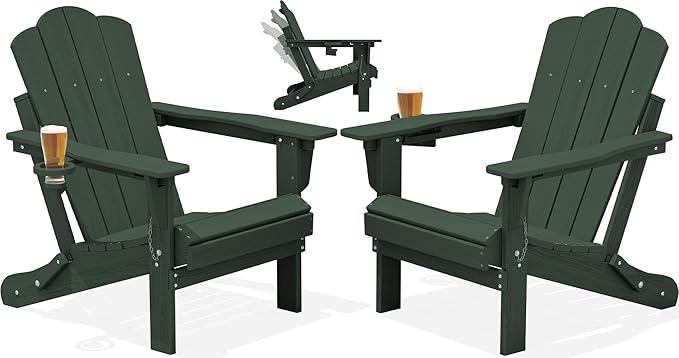 KINGYES Adjustable Folding Adirondack Chair Set of 2, 3-Position Reclining Adirondack Chairs with Cup Holder, HDPE All-Weather Oversized Adirondack for Outdoor, Patio, Backyard Deck, Fire Pit, Green