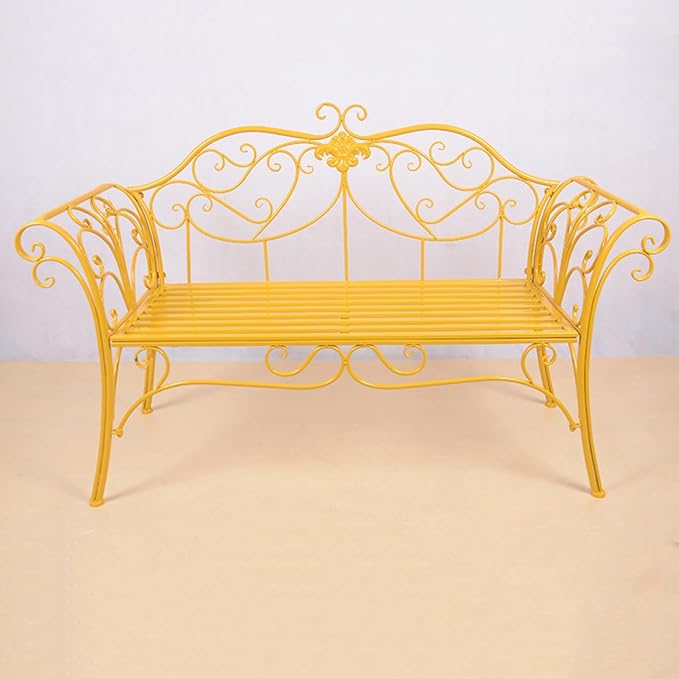 Outdoor Metal Garden Bench, Patio Seating with Backrest & Armrests for 2-3 People, Durable Yellow Bench for Balcony, Front Porch, Courtyard & Park Furniture