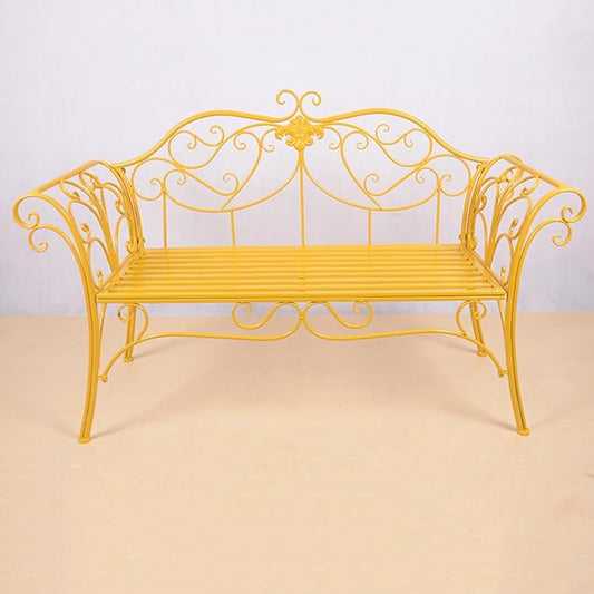 Outdoor Metal Garden Bench, Patio Seating with Backrest & Armrests for 2-3 People, Durable Yellow Bench for Balcony, Front Porch, Courtyard & Park Furniture