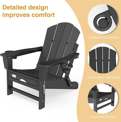 Mdeam Folding Adirondack Chair with Retractable Ottoman, HDPE All-Weather Fire Pit Chair with 2 Cup Holders, Outdoor Chair for Deck Patio Garden Backyard Lawn (Black)