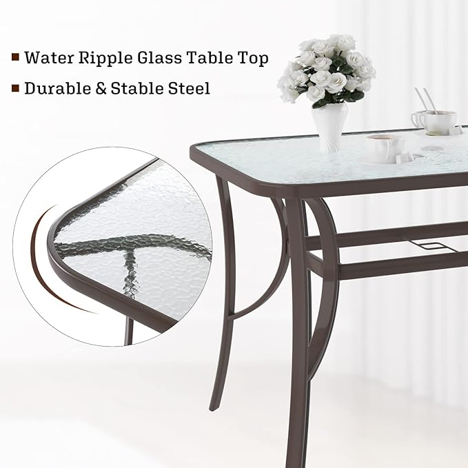 soges 47in Outdoor Patio Bistro Coffee Tea Table, Rectangular Tempered Glass Steel Frame Dining Table with Umbrella Hole - Photo 5