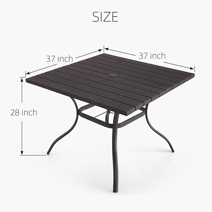 37" Patio Dining Table with Square Plastic Top, Metal Leg and Umbrella Hole for 4 Person Outdoor Furniture - Wood-Like Grain Brown