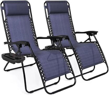 2-Pack Adjustable Zero Gravity Lounge Chair with Steel Mesh Fabric: Reclining Lawn Chair Featuring Comfort Pillow, Cup Holder Tray, and Customizable Recline Positions