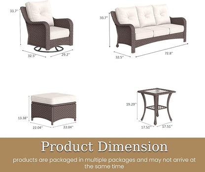6 Piece Patio Furniture Set, All-Weather Wicker Outdoor Conversation Set with Swivel Rocking Chair and 6 Inch Thick Cushions