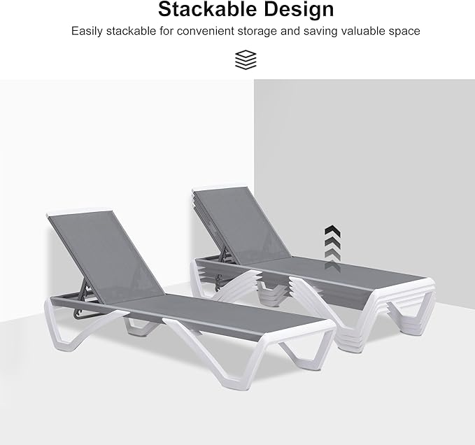 PURPLE LEAF Patio Chaise Lounge Chair Set of 3 Outside Aluminum Plastic Stackable Tanning Chairs for Pool Sunbathing Beach Deck Outdoor Lounger, Grey