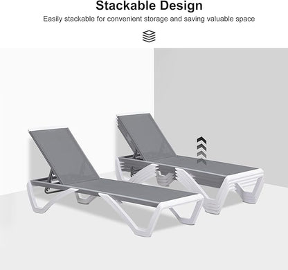 PURPLE LEAF Patio Chaise Lounge Chair Set of 3 Outside Aluminum Plastic Stackable Tanning Chairs for Pool Sunbathing Beach Deck Outdoor Lounger, Grey