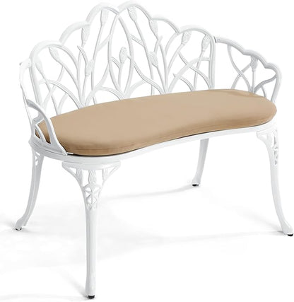 Outdoor Bench with Cushion, Cast Aluminum Double Seating with Backrest and Armrests, Mental Outdoor Furniture for Patio, Porch, Garden, Park, White Tulip