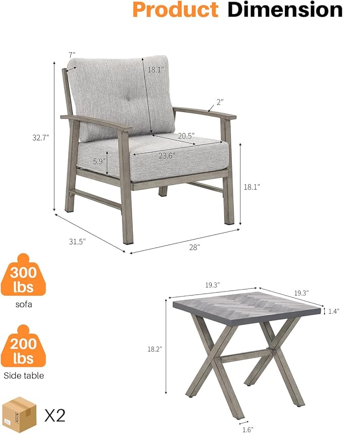 Aluminum Patio Furniture Set, 3 Pieces Outdoor Patio Bistro Set with Washable Thick Cushions, All Weather Patio Conversation Set with Coffee Table for Porch, Balcony, Lawn, Limed Oak