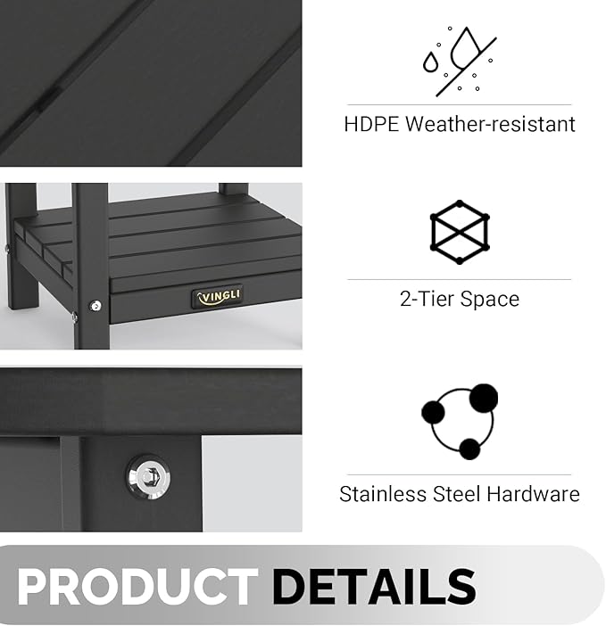 VINGLI Outdoor Side Table, 2-Tier HDPE Adirondack Side Table with Storage, Weather-Resistant Patio End Table for Backyard, Pool, Deck, Indoor Use (Black)
