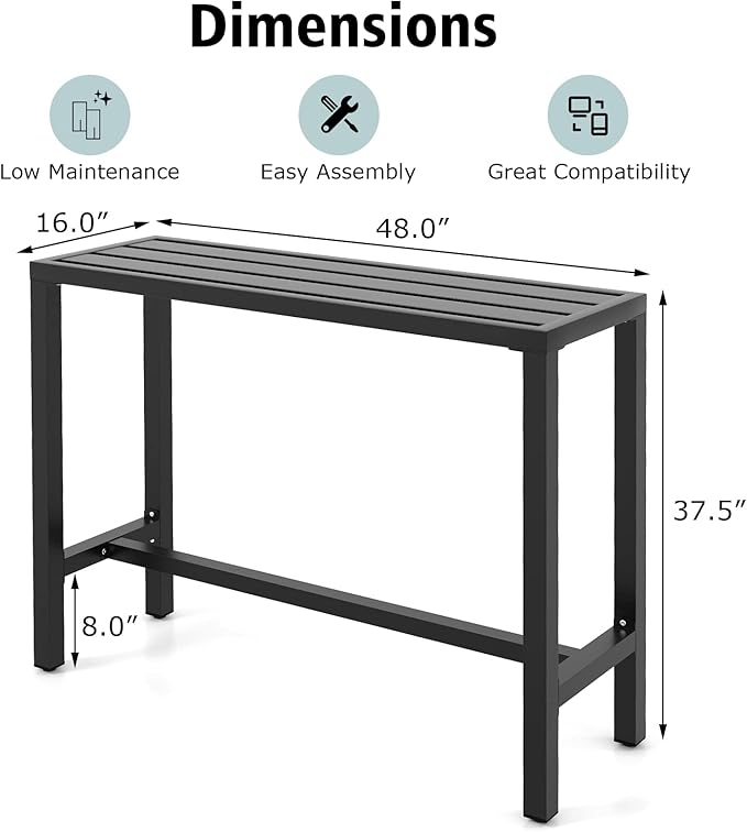 COSTWAY Outdoor Bar Table 48-inch Wide, Narrow Counter Height Dining Table with Waterproof Top and Heavy-Duty Metal Frame, Rectangular Pub Table for Hot Tub Garden Patio Backyard Poolside, Black