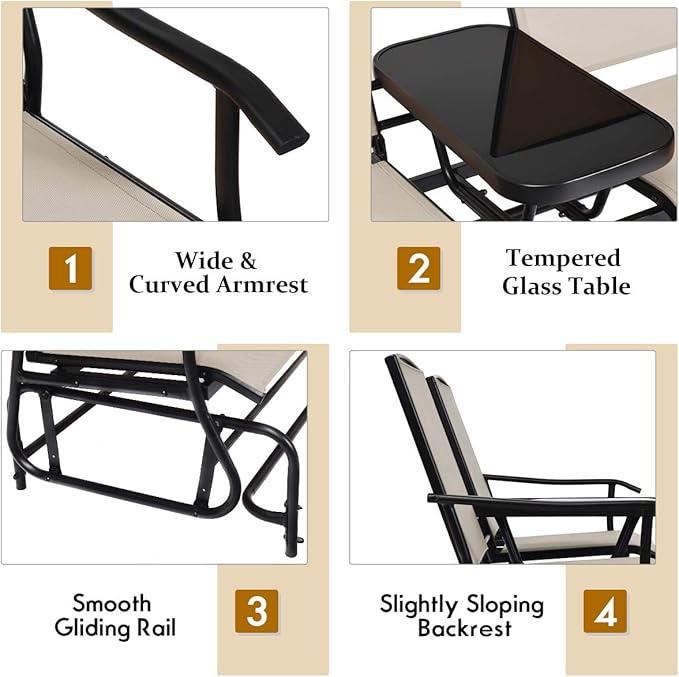 Giantex Patio Bench Glider Chair with Metal Frame, Center Tempered Glass Table - Photo 6