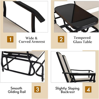 Giantex Patio Bench Glider Chair with Metal Frame, Center Tempered Glass Table, Outside Double Rocking Swing Loveseat for Porch, Garden, Poolside, Balcony, Lawn Rocker Outdoor Glider Bench(Beige)