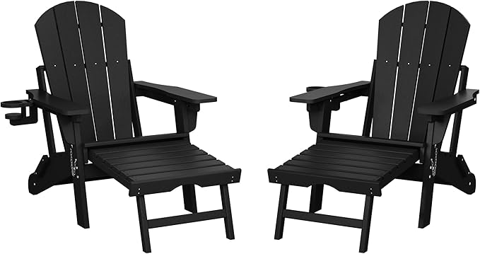 WestinTrends Malibu Folding Adjustable Adirondack Chair with Retractable Ottoman and Cup Holder (Set of 2), Black