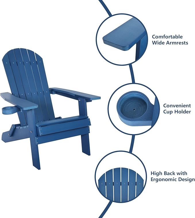 Melucivi Folding Adirondack Chair Weather Resistant Patio Chairs with Cup Holder, Plastic Adirondack Chairs for Outdoor, Backyard, Fire Pit, Deck, Garden, Campfire, Dark Blue