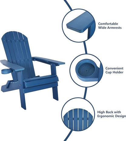 Melucivi Folding Adirondack Chair Weather Resistant Patio Chairs with Cup Holder, Plastic Adirondack Chairs for Outdoor, Backyard, Fire Pit, Deck, Garden, Campfire, Dark Blue