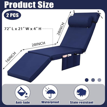 RattanView 2 Pcs Outdoor Chaise Lounge Cushion with Pillow and Side Pockets Waterproof Lounge Chair Cushions for Outdoor Furniture Patio Lounger Pad for Outside Pool Lawn (Navy Blue,72 x 21 x 4)