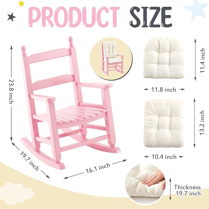 Kids Rocking Chair Cushion Pad Set Toddler Rocking Chair Indoor Outdoor Wooden Rocker Child Patio Rocker for Porch Balcony Lawn Indoor Outdoor(Pink,Ages 2-5)