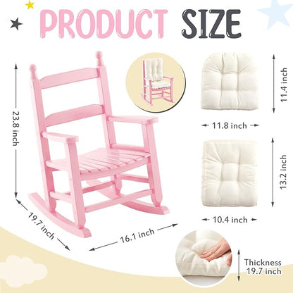 Kids Rocking Chair Cushion Pad Set Toddler Rocking Chair Indoor Outdoor Wooden Rocker Child Patio Rocker for Porch Balcony Lawn Indoor Outdoor(Pink,Ages 2-5)